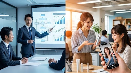 マーケティング施策の全体像。SNS、webinar、offline、BtoB/BtoCなどの要素図