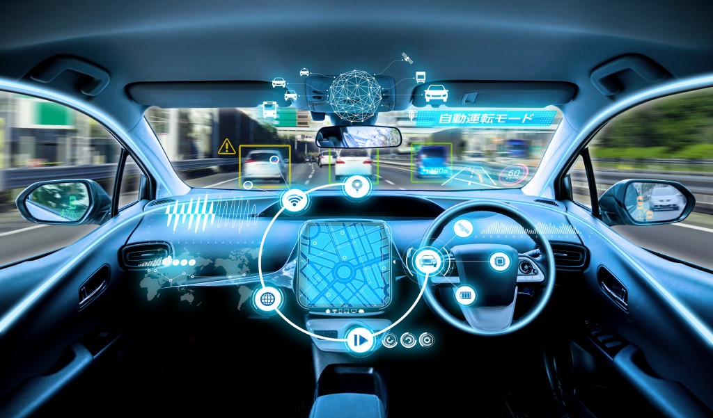 empty cockpit of vehicle. HUD(Head Up Display) and digital instruments panel, autonomous car. right hand drive.