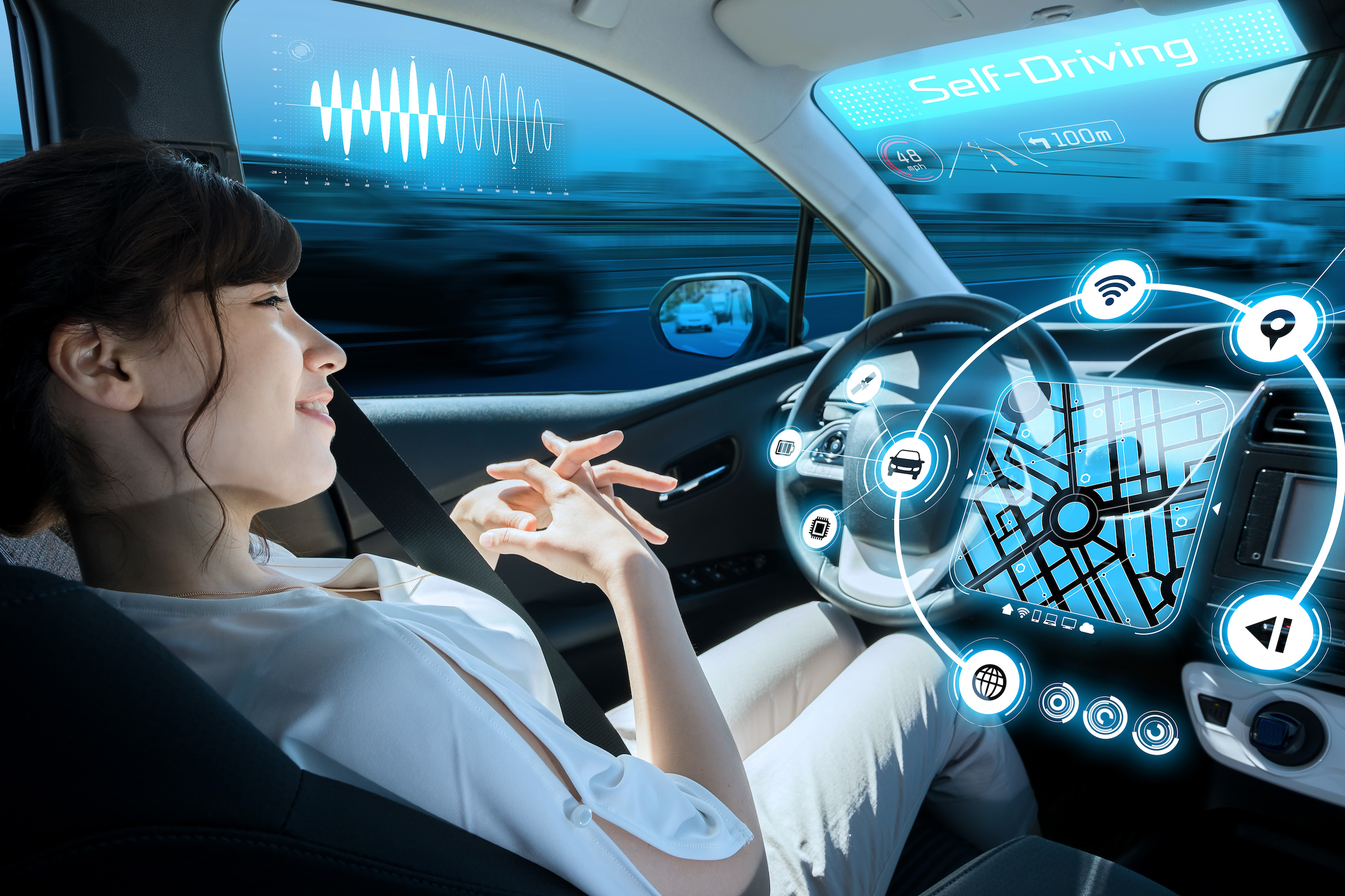 woman riding autonomous car. self driving vehicle. autopilot